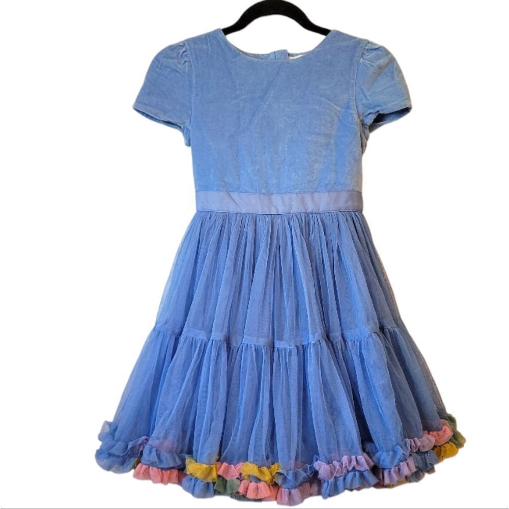 Mini Boden Light Blue Tulle Dress with Rainbow Ruffle Hem